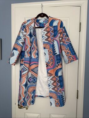 Preppy j McLaughlin Longline Coat in Blue & Peach